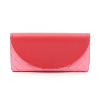 Bottega Veneta Intrecciato Pink Red Color Leather Long Wallet (Bi-Fold) (Pre-Owned)