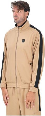 Emporio Armani Emporio Armani Ea7, Hoodies & sweatvesten, Heren, Bruin, M, Polyester, Beige Zip Sweater met Zwarte Zijband