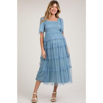 Pinkblush Ruffled Mesh Maxi Dress in Blue at Nordstrom, Size Medium