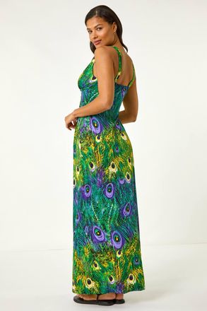 Roman Peacock Printed Stretch Maxi Dress