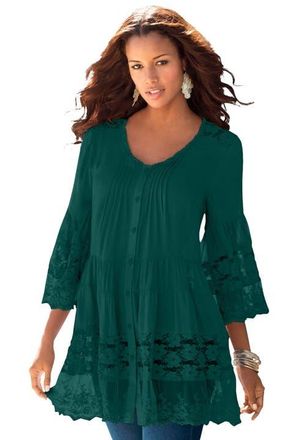 Roaman's Lace Illusion Blouse in Emerald Green at Nordstrom, Size 36