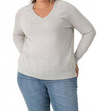 Minnie Rose Cotton Cashmere Distressed Long Lseeve V-Neck Sweater - Plus In Light Heather Grey