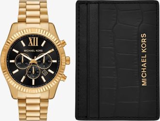 Michael Kors Oversized Lexington Gold-Tone Watch and Crocodile Embossed Leather Card Case Gift Set