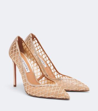 Aquazzura Salones Lumiere de malla y piel adornados