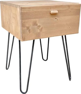 NATYAL Mesita de noche de madera maciza en tono claro con patas de metal 45cm