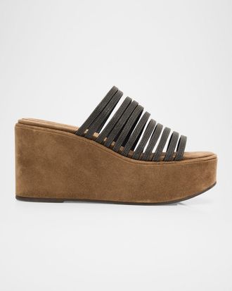 Brunello Cucinelli 80mm Suede Monili Platform Sandals