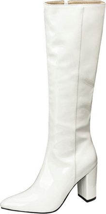 Generic Womens Knee-High Boots, Pointed Toe Patent Leather, Chunky Heel & Side Zip, for Dance Show,White,10 UK