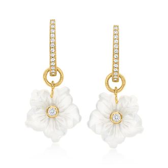 Ross-Simons Mother-Of-Pearl and. White Topaz Removableflower Hoop Drop Earrings in 18kt Gold Over Sterling