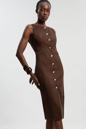 Karen Millen Womens Tailored Linen Statement Button Front Pencil Midi Dress - Chocolate Lyocell - Size 12 UK