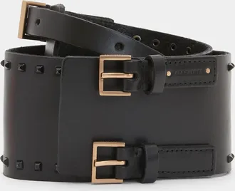 AllSaints Womens Cow Leather Maxie Studded Leather Double Buckle Belt, Size: XS