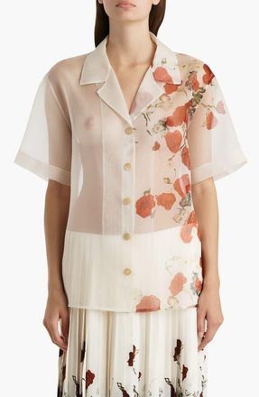 Khaite Riordan Floral Silk Organza Camp Shirt in Cream /Red at Nordstrom, Size X-Small
