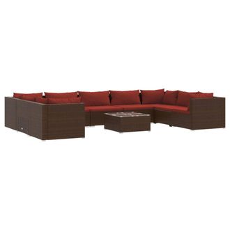 vidaXL Set Muebles De Jard&iacute;n 10 Pzas Y Cojines Rat&aacute;n Sint&eacute;tico Marr&oacute;n Vidaxl