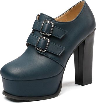 Generic Womens Platform High Chunky Heel Pumps Round Toe Ankle Booties Double Buckle Straps Cushioned Insole Durable Comfortable Fashion Dress Shoes,Blue,4.5 