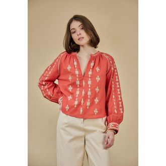 See U Soon Met etnische motieven geborduurde blouse met lange mouwen en V-hals