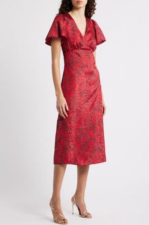 Chelsea28 Floral Jacquard Draped Midi Dress in Red Hollie Floral at Nordstrom Rack, Size Xx-Small
