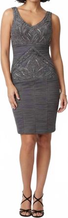 Sue Wong V-Cut Neck Ribbon Ruched Cocktail Dress In Charcoal