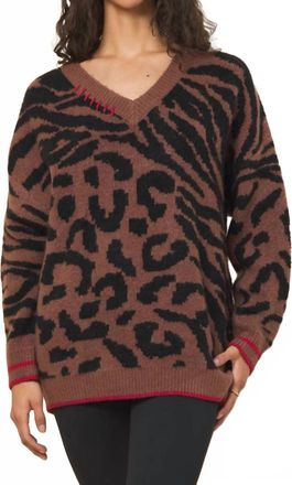Ocean Drive Clothing V-Neck Jacquard Sweater In Wild Caramel W/ Red