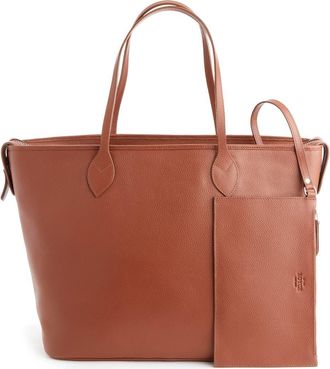 Royce Leather Personalized Leather Tote with Wristlet in Tan - Silver Foil at Nordstrom