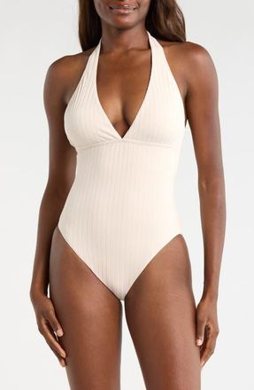 Sanctuary Halter Rib One-Piece Swimsuit in White Sand at Nordstrom, Size X-Large