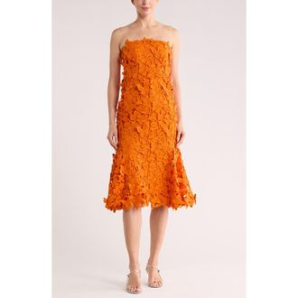 SIMKHAI Fleurella Strapless Butterfly Lace Midi Dress in Tangerine at Nordstrom Rack, Size 00