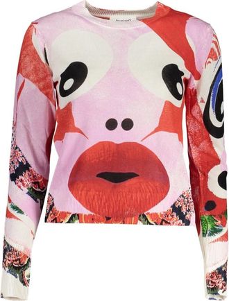 Desigual Roze Linnen Trui met Contrasterende Details - Dames - Ronde hals truien - Veelkleurig - M - Linnen - Truien & Vesten