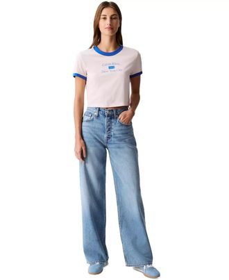 Calvin Klein Jeans Womens Blue Denim Whiskering High Rise Wide Leg PALL79