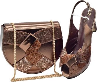 Generic Womens Luxury Shoe and Bag Set Sparkly Rhinestone Crystal Thick Heel Shoes Gold Chain Strap Shoulder Bag