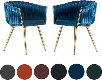 Life Interiors Set of 2 Roma Modern Velvet Dining Chairs - Ergonomic Curved back with Gold Metal Frame - Armchair for Dining Room Kitchen Living Room - Blue