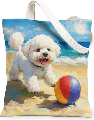 Generic Summer Bernese Mountain Dog Canvas Tote Bag for Shopping 13x15, Beach Coastal Beachy Puppy Reusable Grocery Print Bag for Women, Fun Pet Beach Aesthet