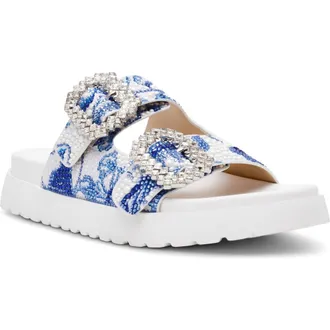 Betsey Johnson Matie Slide Sandal in White/Blue Floral at Nordstrom, Size 9.5