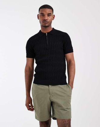 Capo Polo nera in cotone egiziano con zip corta e motivo a rombi-Nero