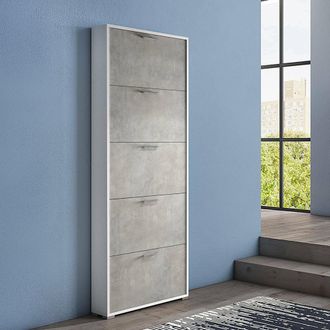 Dmora Zapatero Margherita, Mueble De Entrada Polivalente Con 5 Puertas Abatibles, Zapatero Moderno, 100% Made In Italy, Cm 67x18h184, Cemento Y Blanco, Con 
