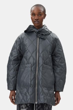 Ganni Mixed Black Shiny Quilt Midi Jacket - Size S/M Recycled Nylon