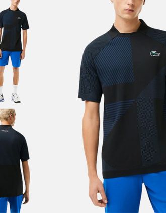 Lacoste Mens LACOSTE DH9255 Mens Tennis Polo T Shirt SPORT Slim Fit Seamless Jersey Bord Tops - Black/Black - Size: 38
