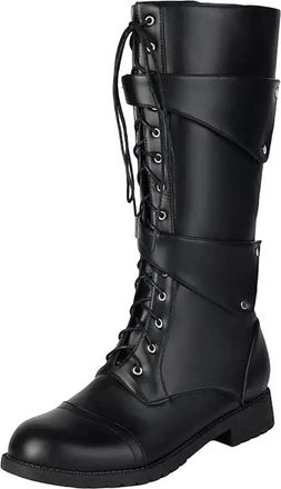 Generic Mens Retro Riding Boots Round Toe Med Heel With Zipper And Lace Up Rivets Metal Decoration Casual Knight Boots