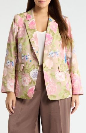 Tahari by ASL Print Sateen Blazer in Taupe Multi at Nordstrom, Size 20W