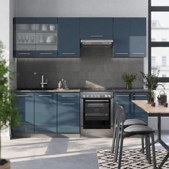 Vicco Mueble De Cocina Fame-line, Azul Oscuro Alto Brillo/antracita, 240 Cm Sin Encimera