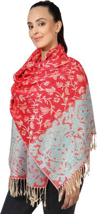 World of Shawls Ladies Floral Paisley Bordered Pashmina Feel Shawl Scarf Wrap Stole Luxuriously Warm Soft and Silky Touch (Red_SN78)