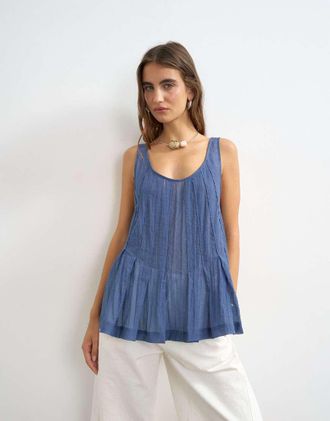 Topshop Canottiera senza maniche indaco trasparente con pinces-Bianco