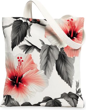 Generic Spring Hibiscus Flower Canvas Tote Bag for Shopping 13x15, Simple Cute Florals Plant Reusable Grocery Print Pattern Bag for Women, Botanical Beach Aes