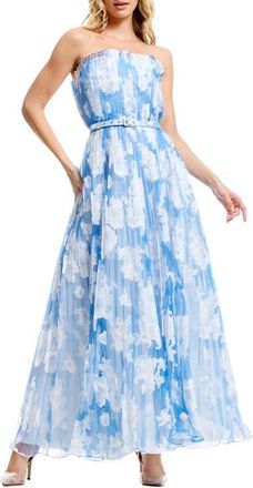 Dress The Population Verity Pleated Belted Strapless Gown in Sky Multi at Nordstrom, Size Xx-Small