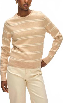 White + Warren Boucle Striped Crewneck Sweater In Warm Tan/ivory
