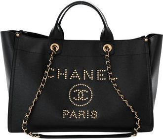 Chanel Large Black Leather Deauville Shoulder Tote Bag Size L