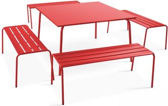 Oviala Mesa de jardín cuadrada y 4 bancos de metal rojo