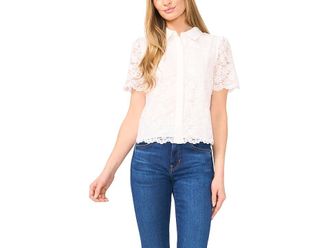 CeCe by Cynthia Steffe Lace Short Sleeves Hidden Placket Shirt Womens Clothing New Ivory : LG, Cotton/Lace/Nylon