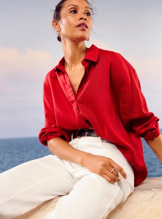 Contemporaine Womens Johnny collar pure linen blouse