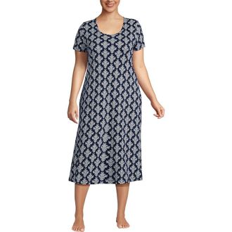 Lands End Cotton Short Sleeve Midcalf Nightgown in Deep Sea Navy/ivory Floral at Nordstrom, Size 3X