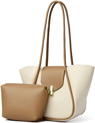 Generic PU Leather Simple Tote Handbag for Female for School Work Travel (Apricot)