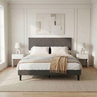 OEM Estructura De Cama 160x200, Con Cabecera Acolchada, Estructura Met&aacute;lica Y Somier De Lamas, Gris