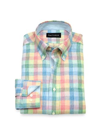 Paul Fredrick Tailored Fit Non-iron Linen Plaid Dress Shirt With Contrast Trim